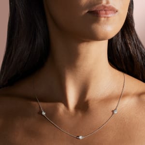 3-Stone Station Necklace, Hover, 14K White Gold, 