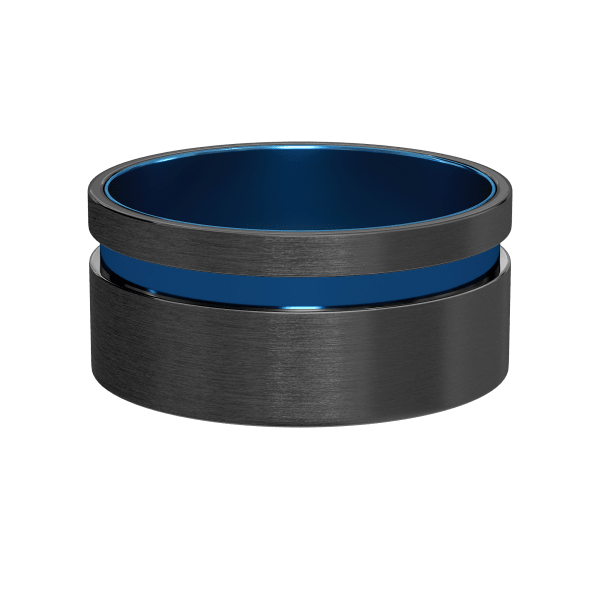 Obsidian Grooved Wedding Band, Blue Tungsten