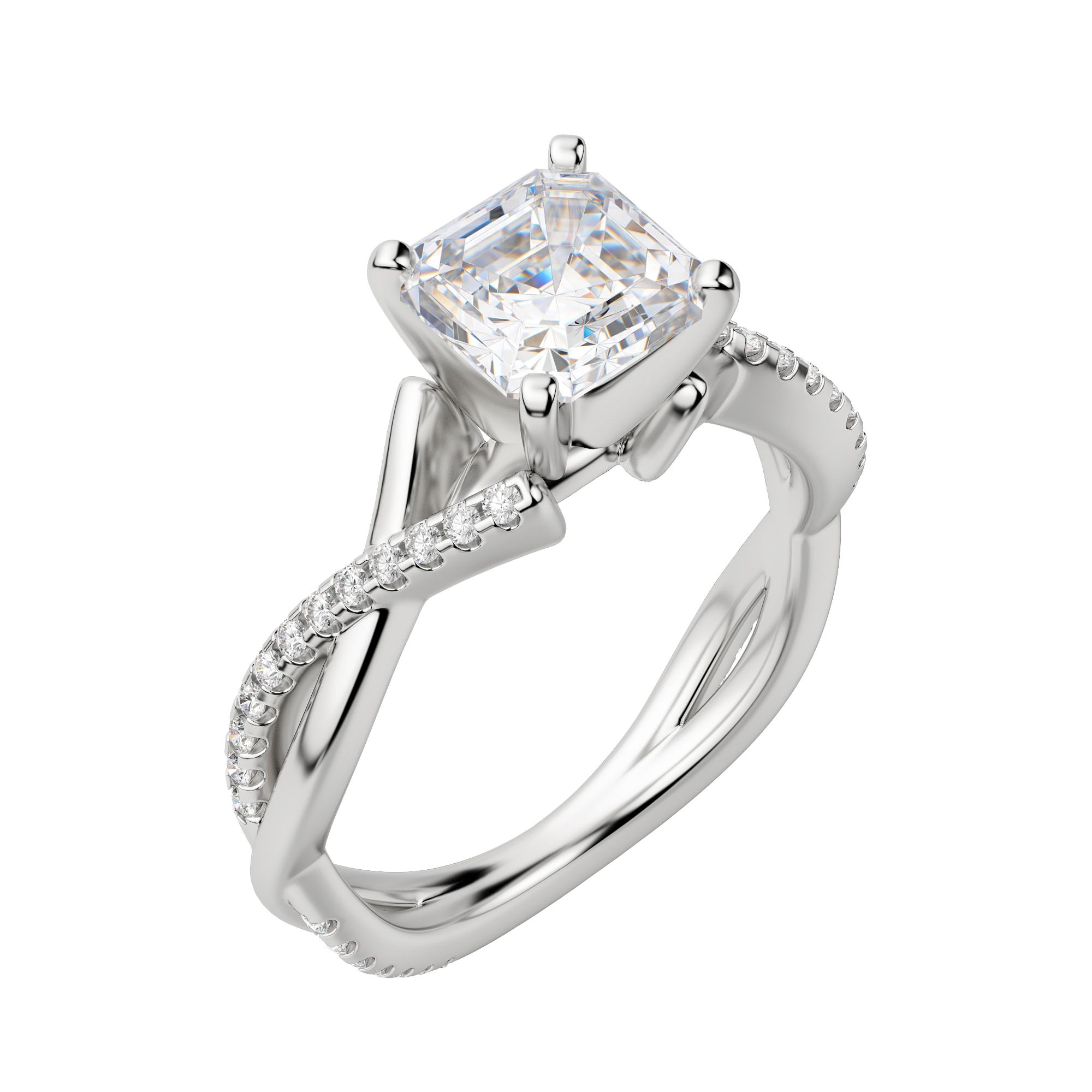 Chic Accented Asscher Cut Engagement Ring, Default, 18K White Gold, Platinum,