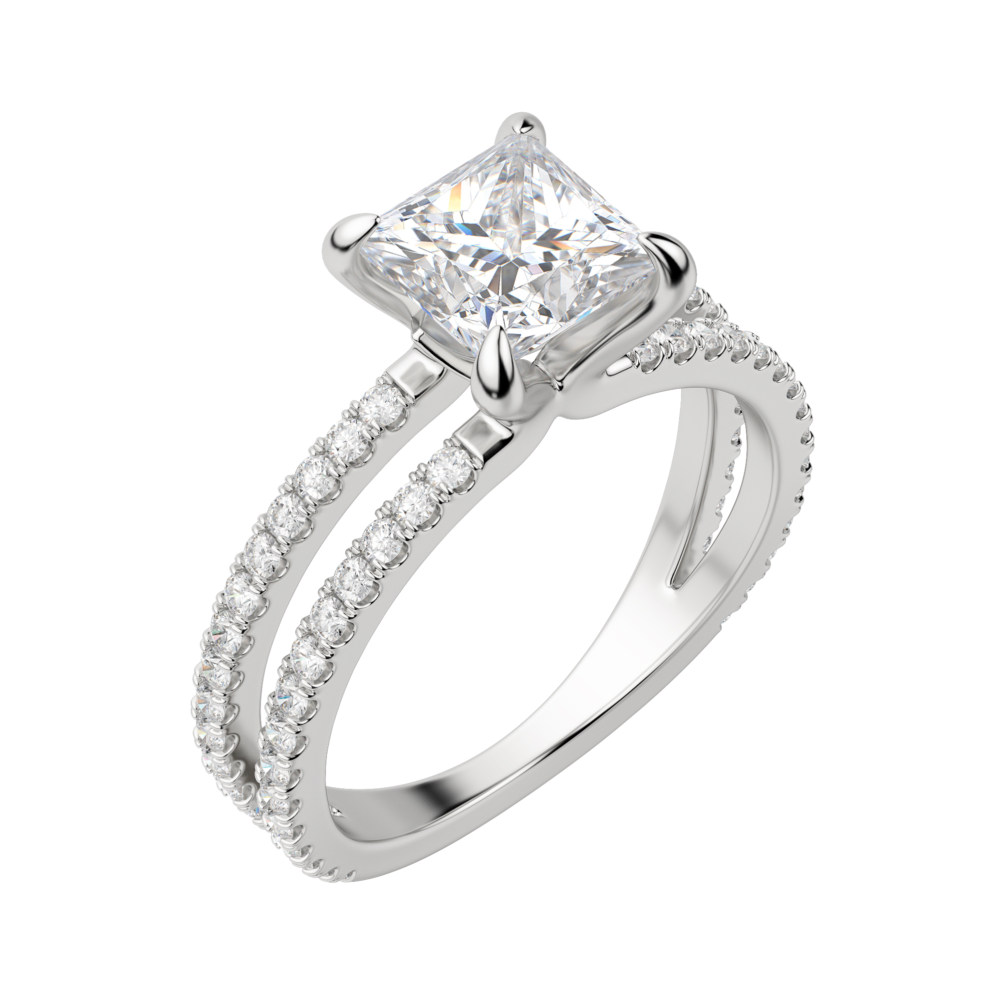 Duet Accented Princess Cut Engagement Ring, Default, 18K White Gold, Platinum, 