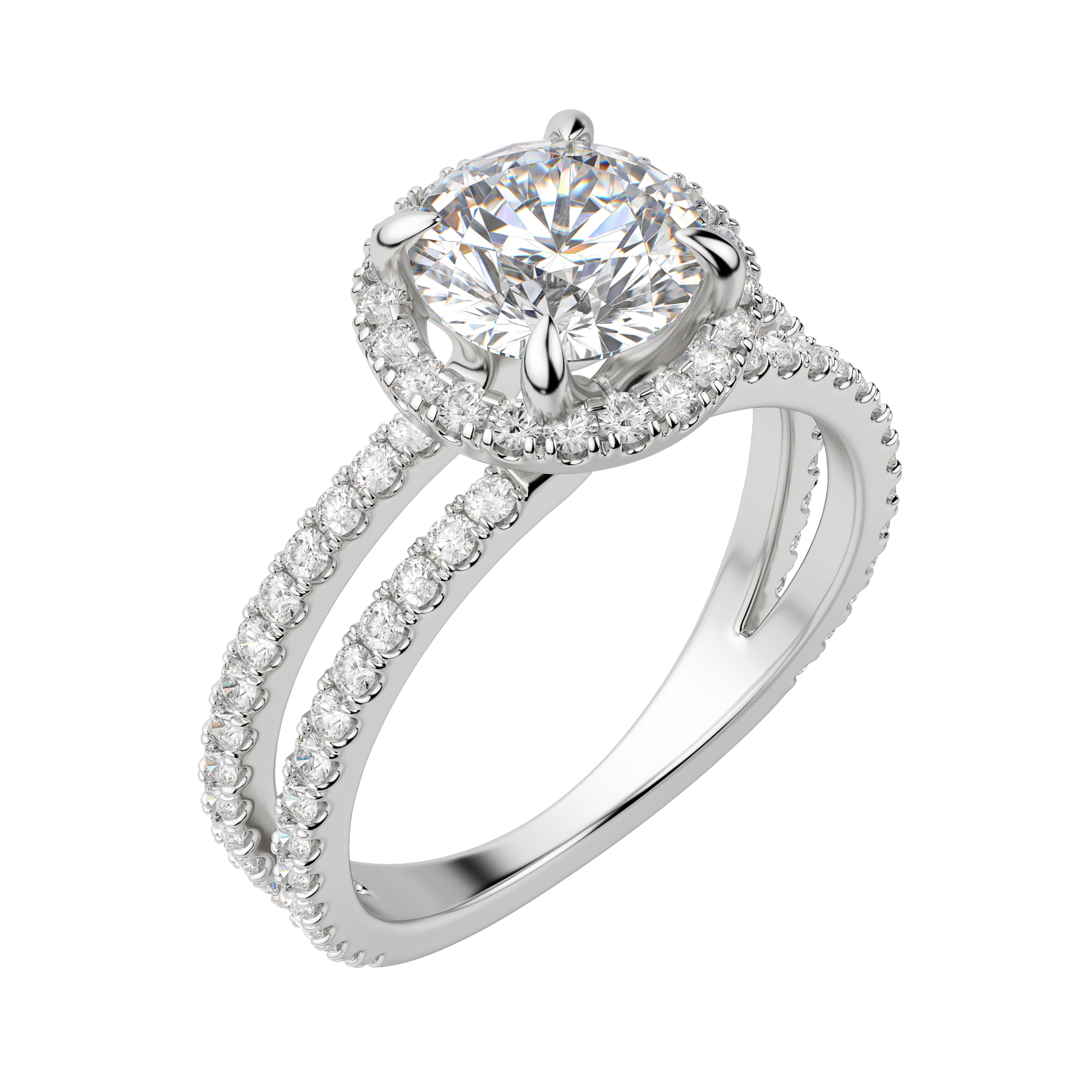 Duet Halo Round Cut Engagement Ring, Default, 18K White Gold, Platinum, 