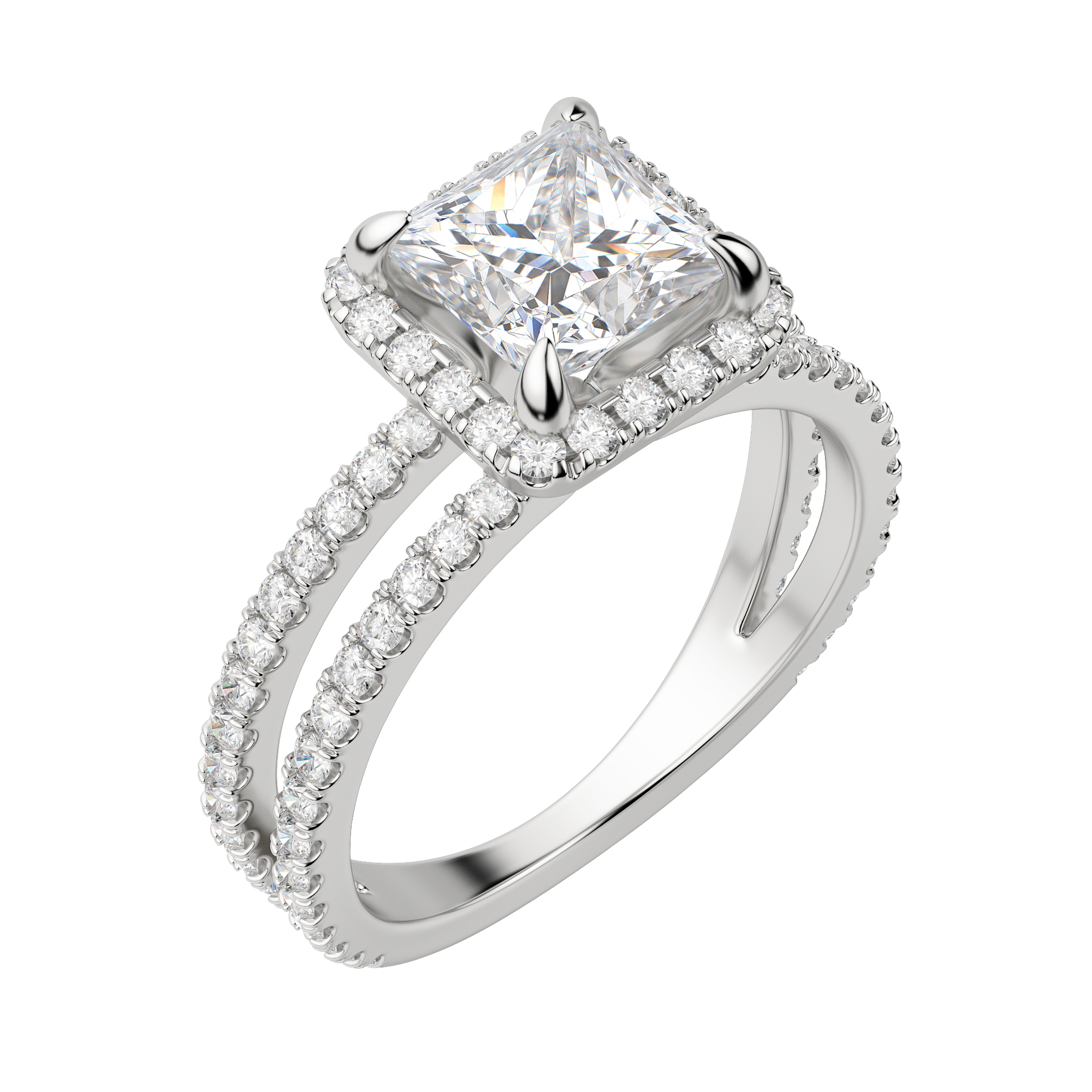 Duet Halo Princess Cut Engagement Ring, Default, 18K White Gold, Platinum