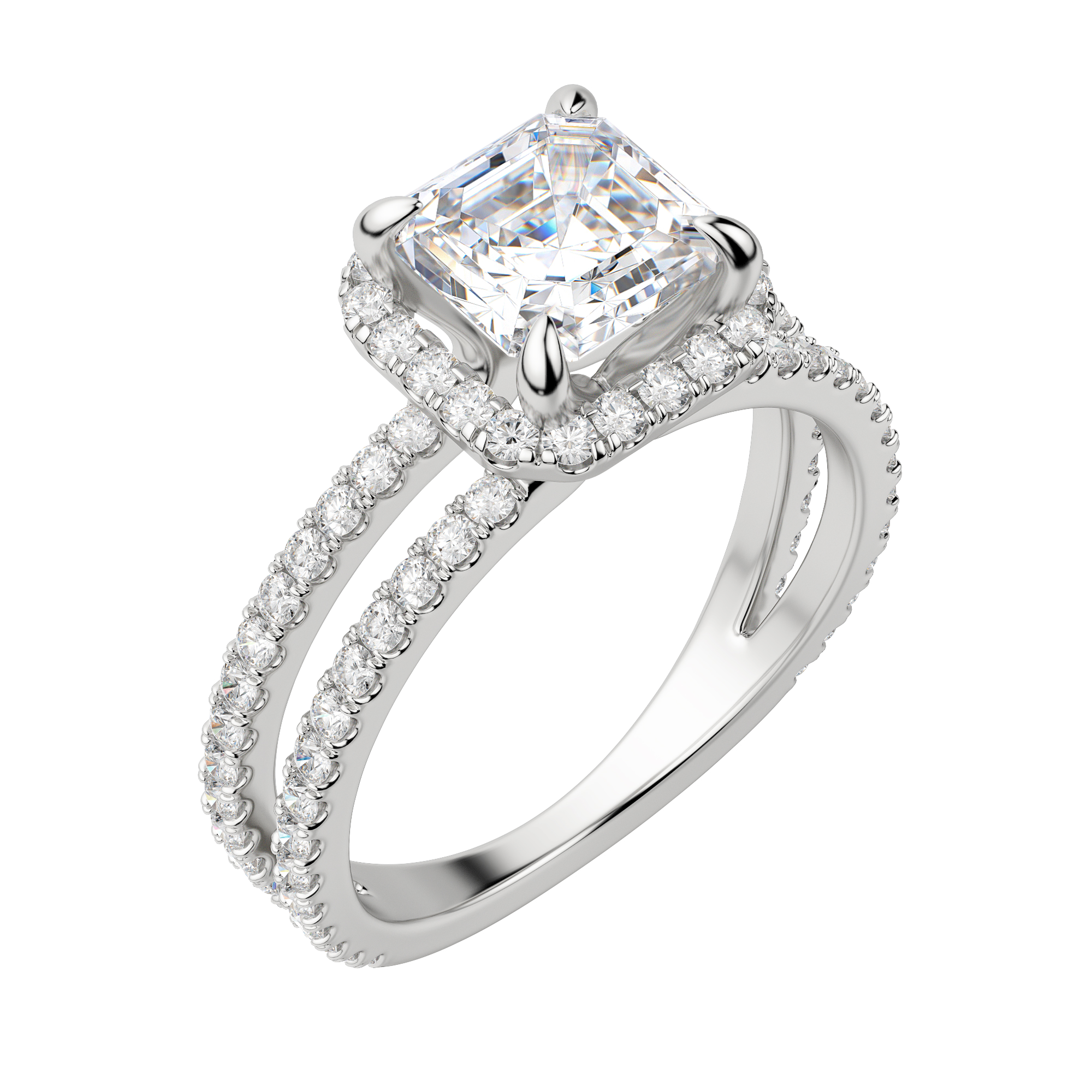 Duet Halo Asscher Cut Engagement Ring, Default, 18K White Gold, Platinum