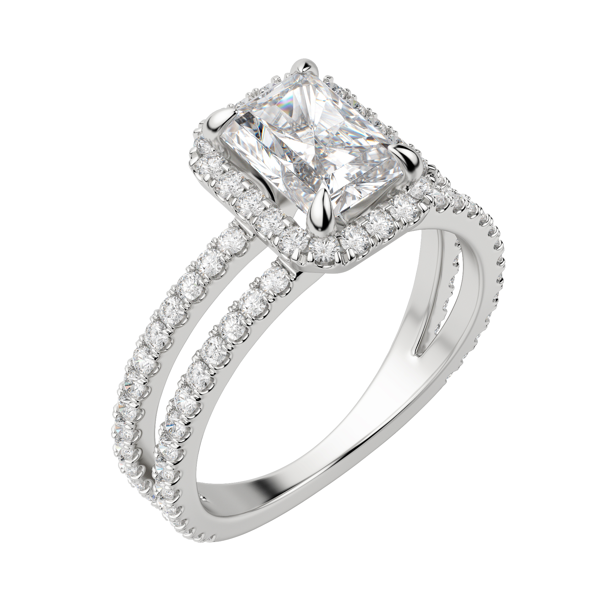 Duet Halo Radiant Cut Engagement Ring, Default, 18K White Gold, Platinum