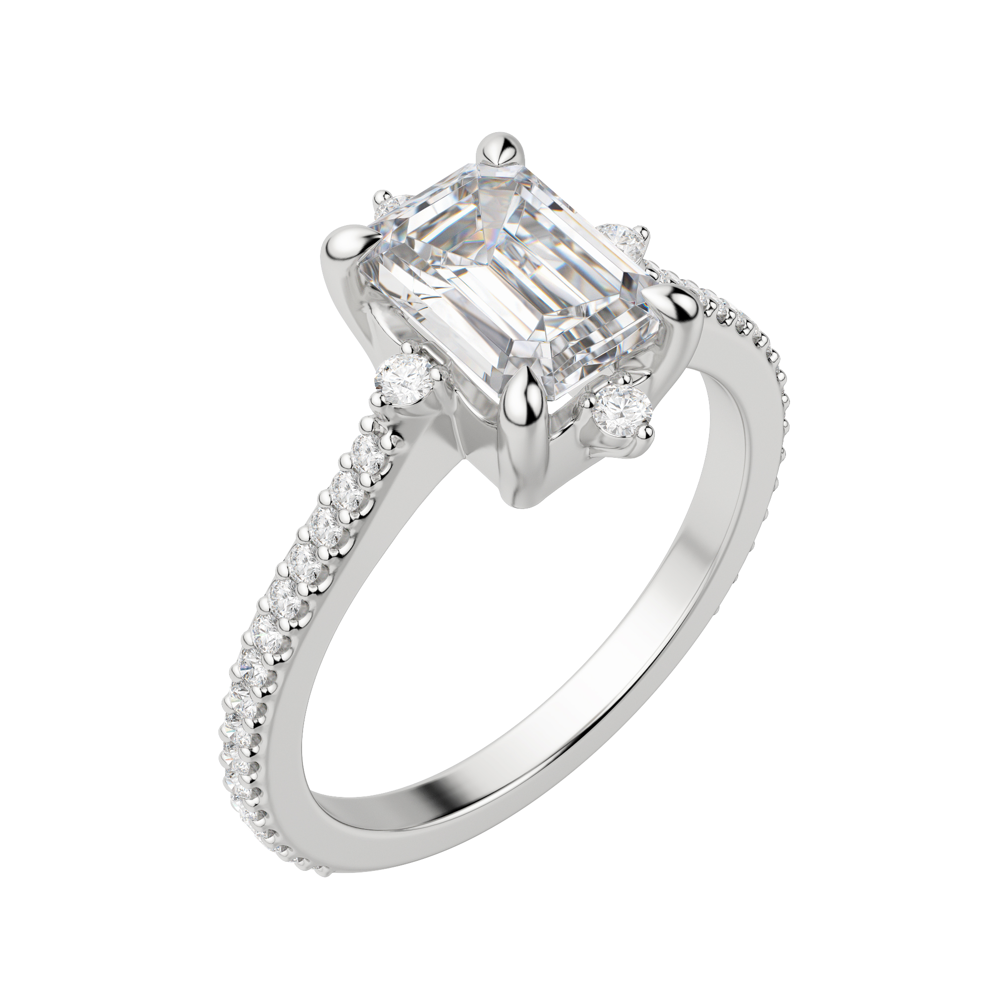 Nova Accented Emerald Cut Engagement Ring, Default, 18K White Gold, Platinum, 