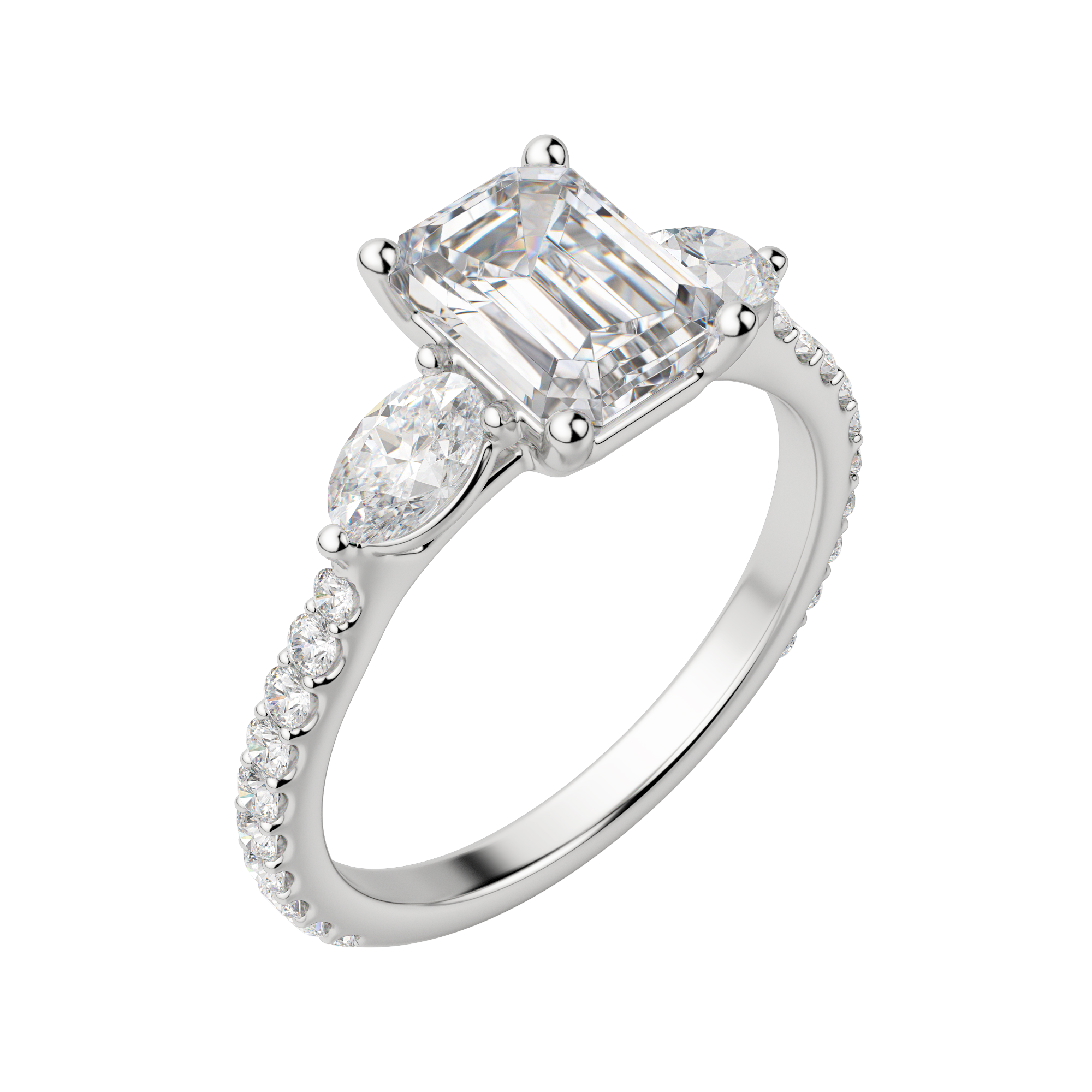Rhea Accented Emerald Cut Engagement Ring, Default, 18K White Gold, Platinum,\r
