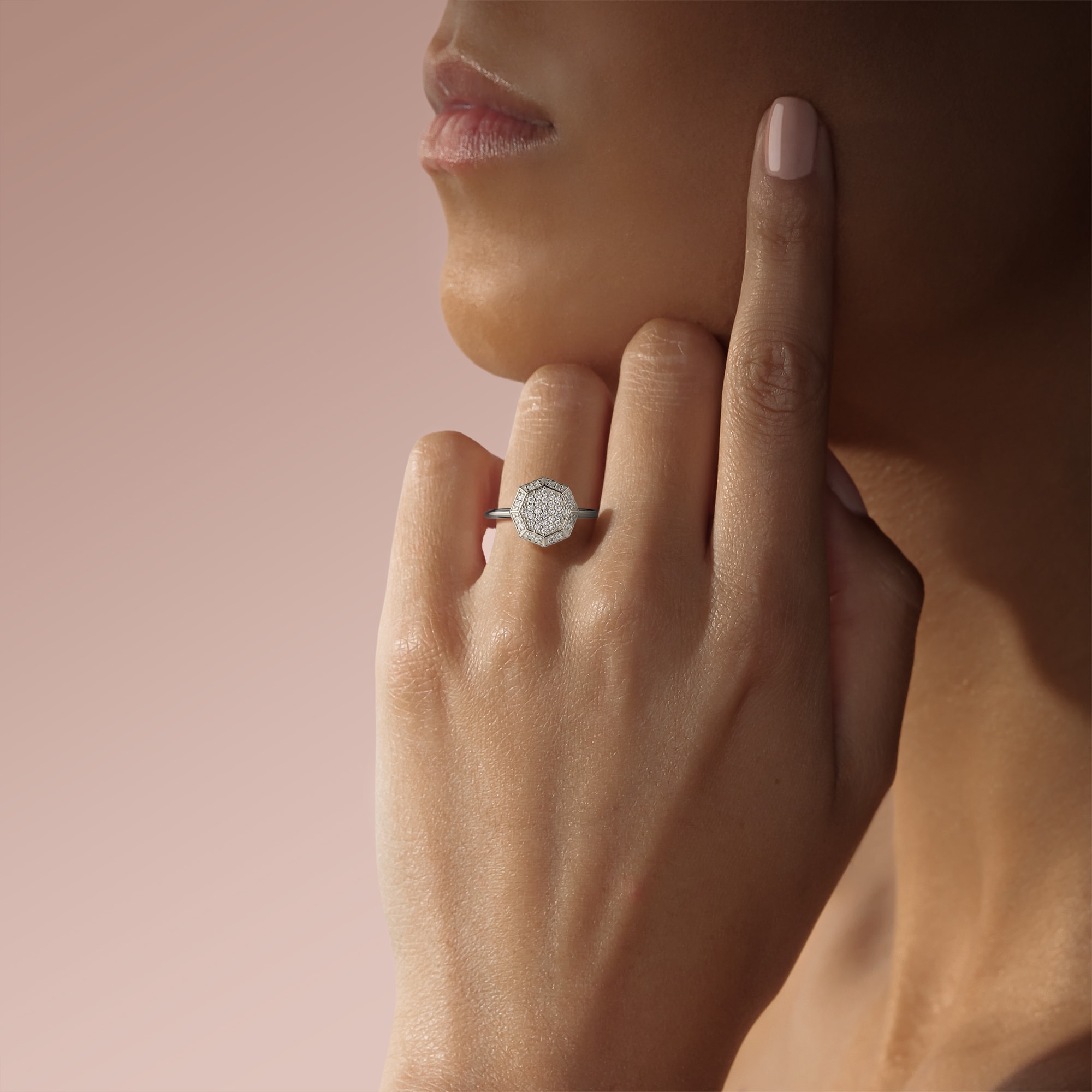 Octagon Pavé Ring, Hover, 14K White Gold,