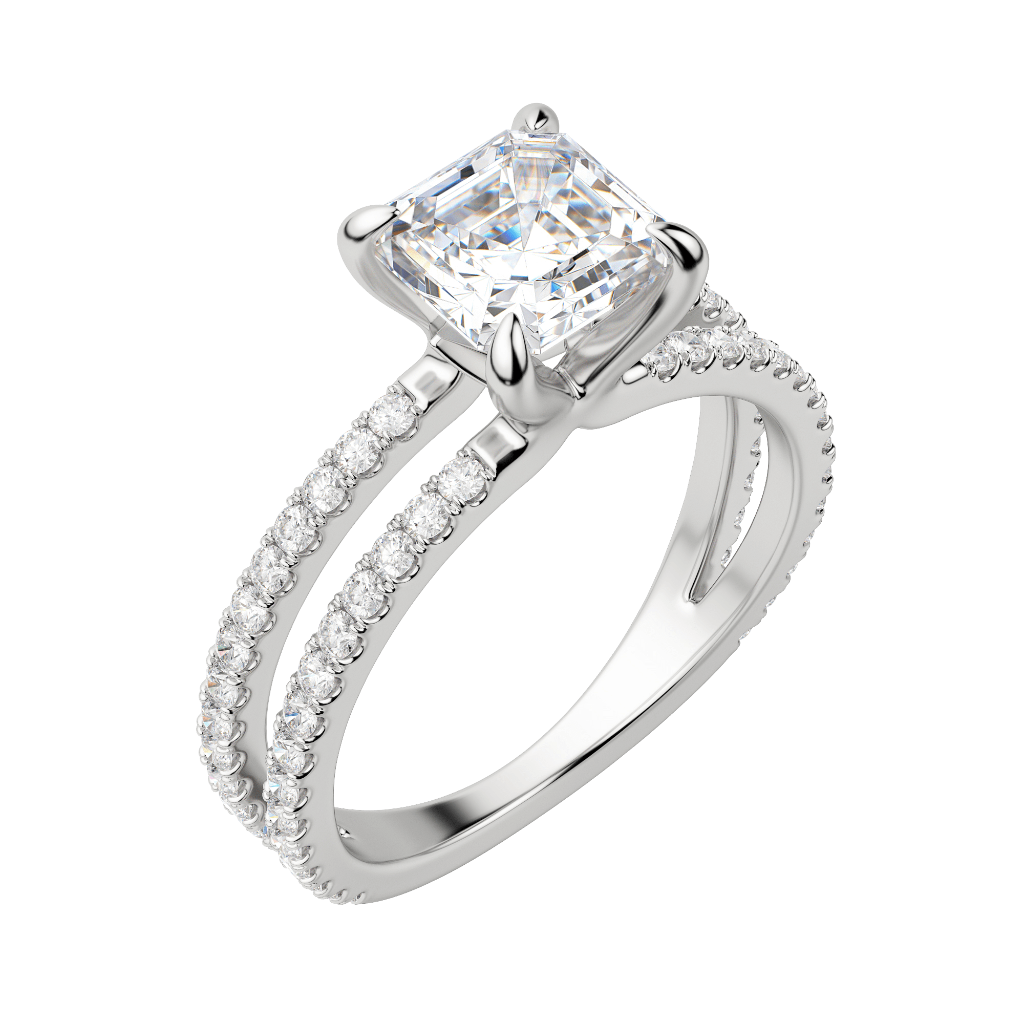 Duet Accented Asscher Cut Engagement Ring, Default, 18K White Gold, Platinum, 