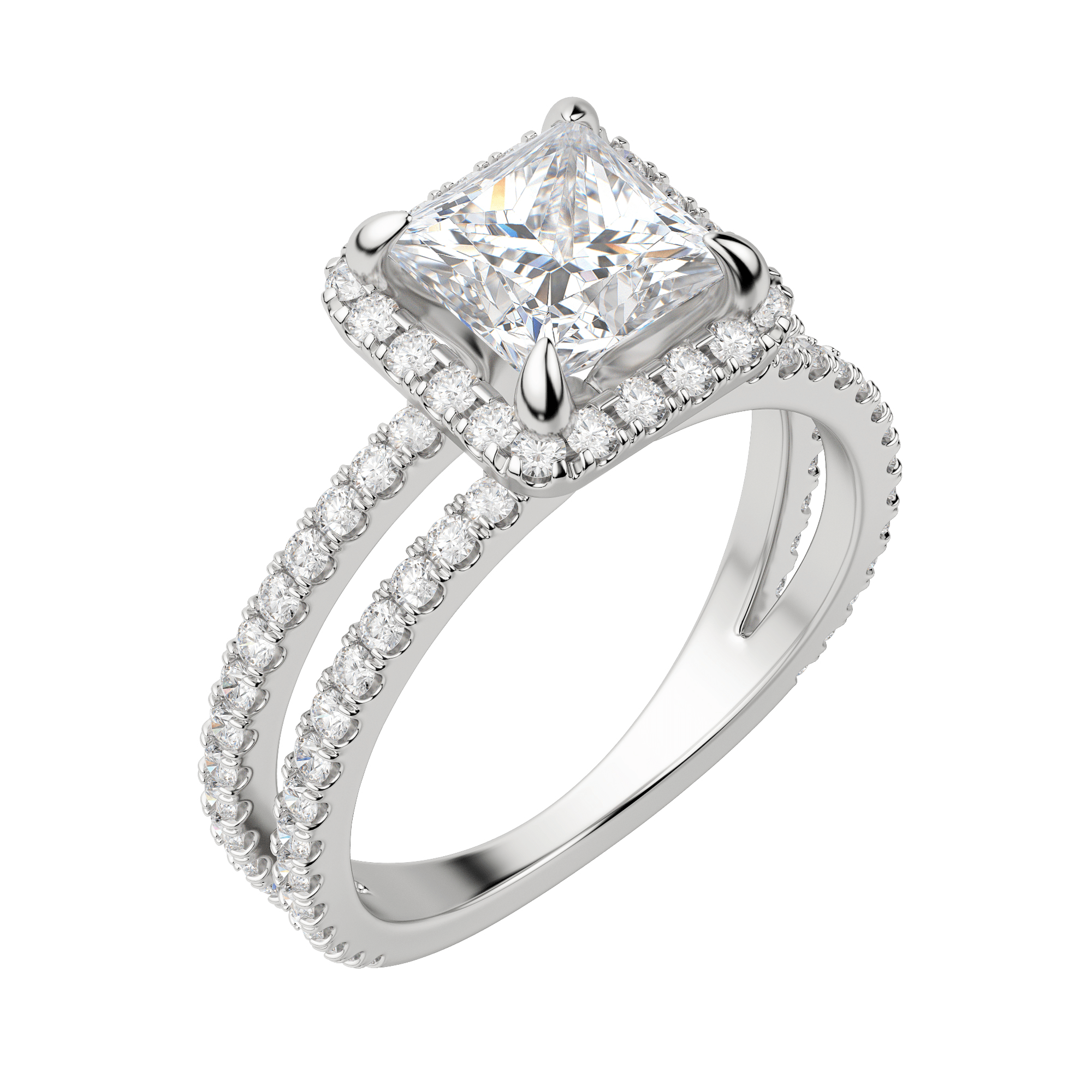 Duet Halo Princess Cut Engagement Ring, Default, 18K White Gold, Platinum