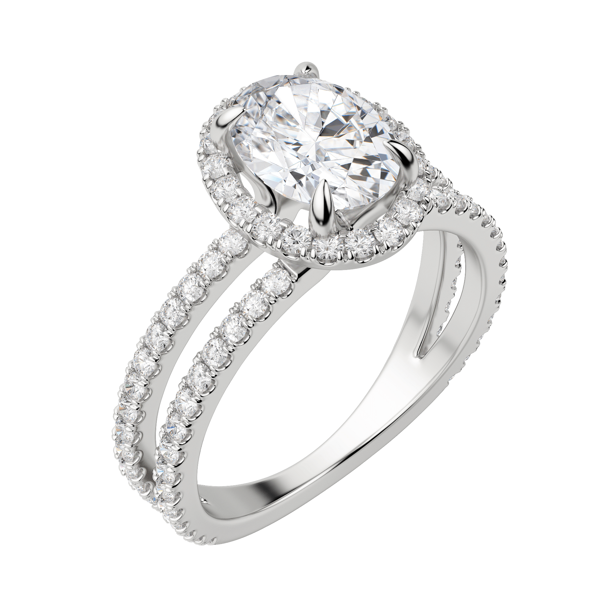 Duet Halo Oval Cut Engagement Ring, Default, 18K White Gold, Platinum, 