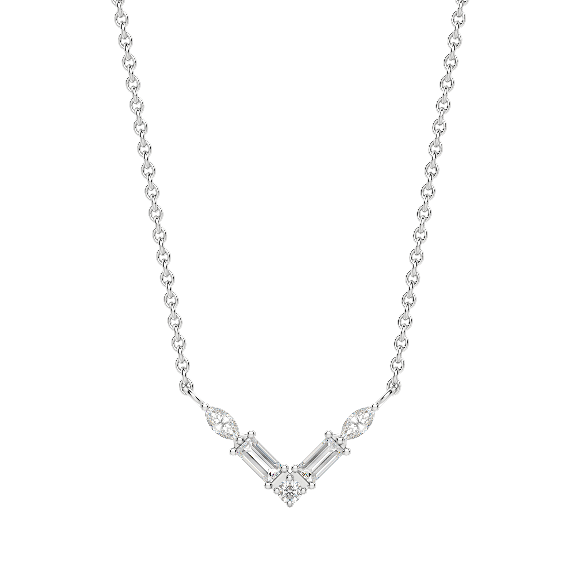 Marquise and Baguette V Necklace, Default, 14K White Gold,
