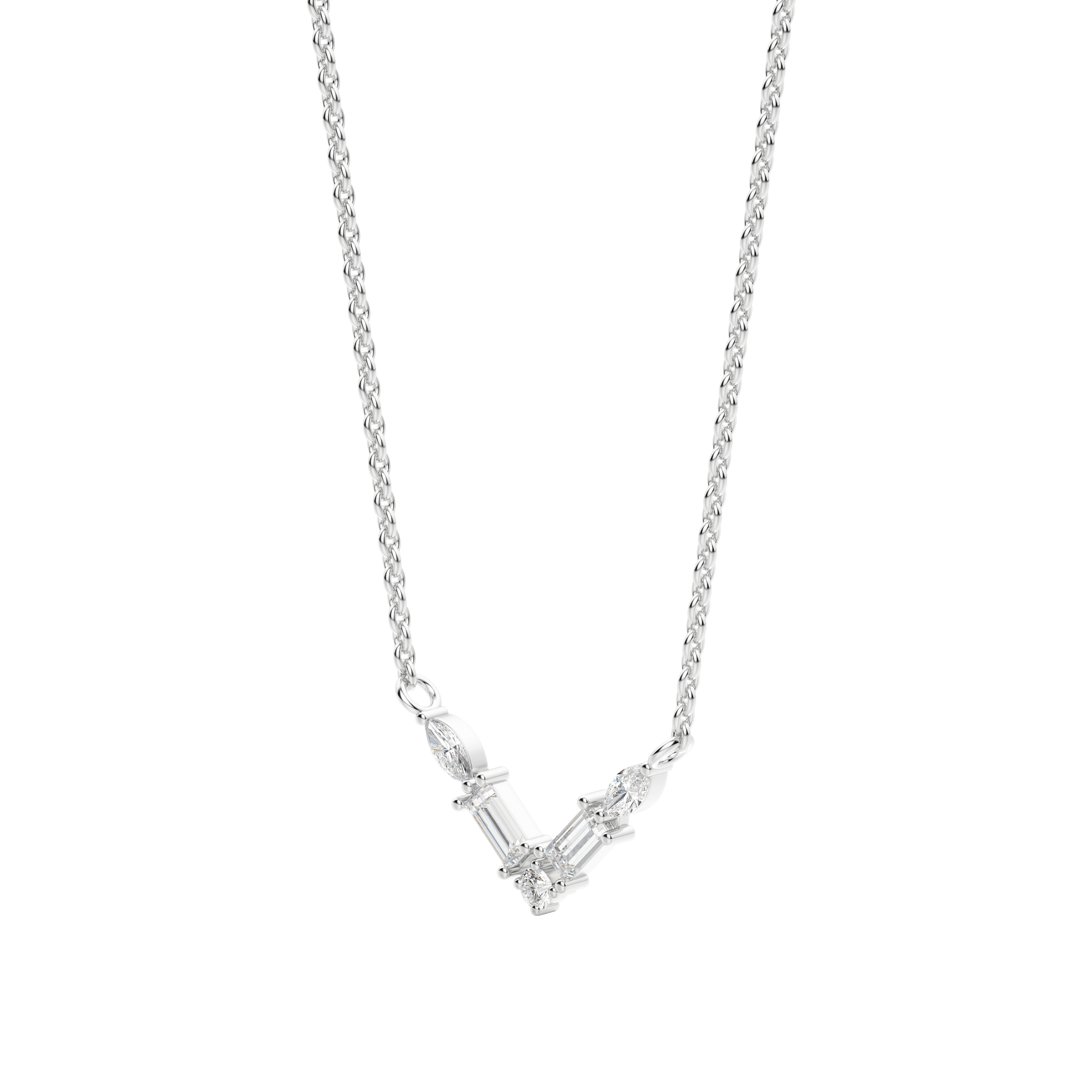 Marquise and Baguette V Necklace, Hover, 14K White Gold, 