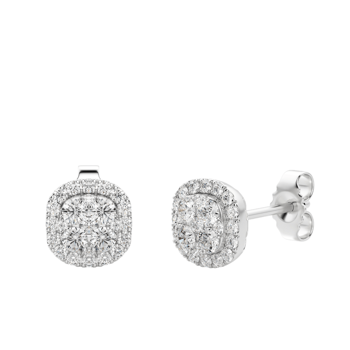 Cushion Cluster Halo Stud Earrings, 14K White Gold, Hover