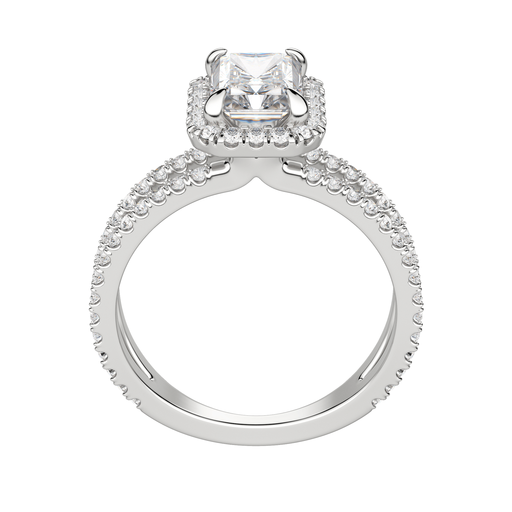 Duet Halo Radiant Cut Engagement Ring, Hover, 18K White Gold, Platinum, 