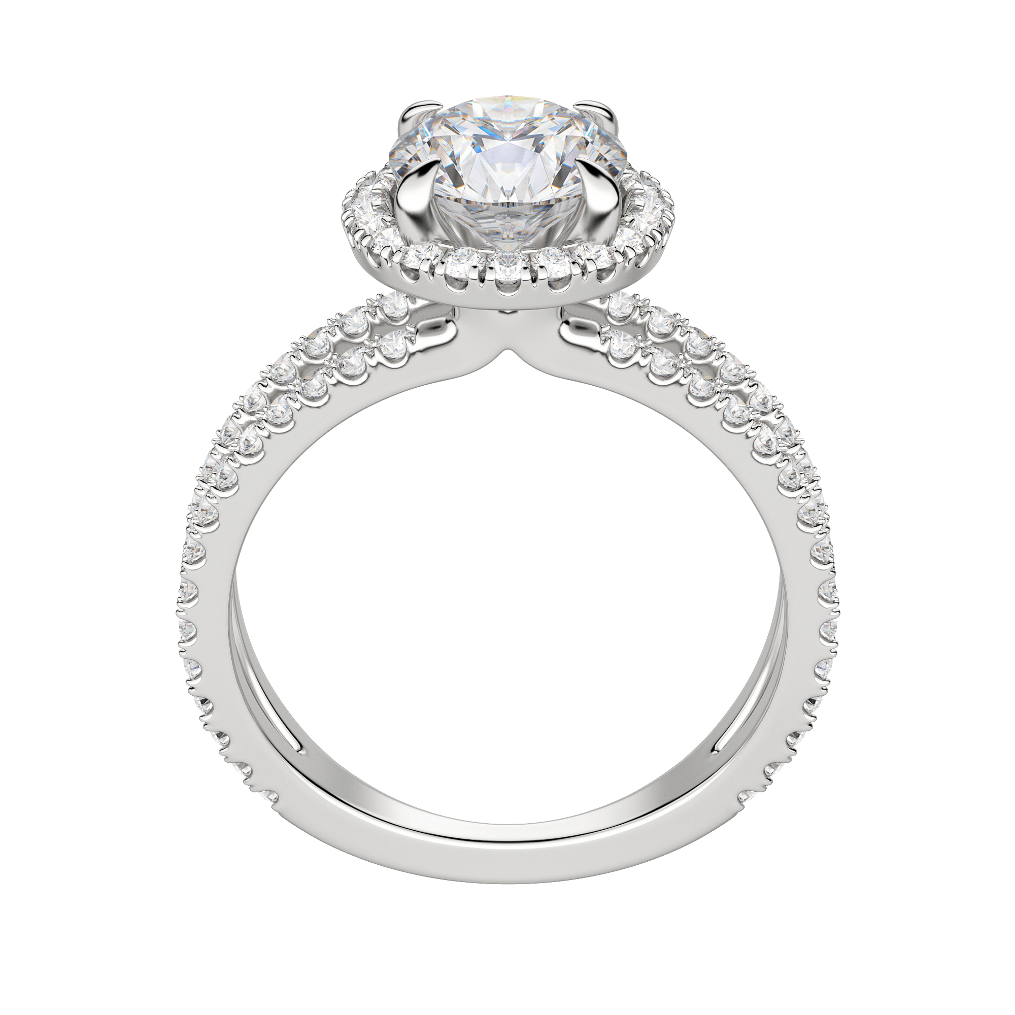 Duet Halo Round Cut Engagement Ring, Hover, 18K White Gold, Platinum, 