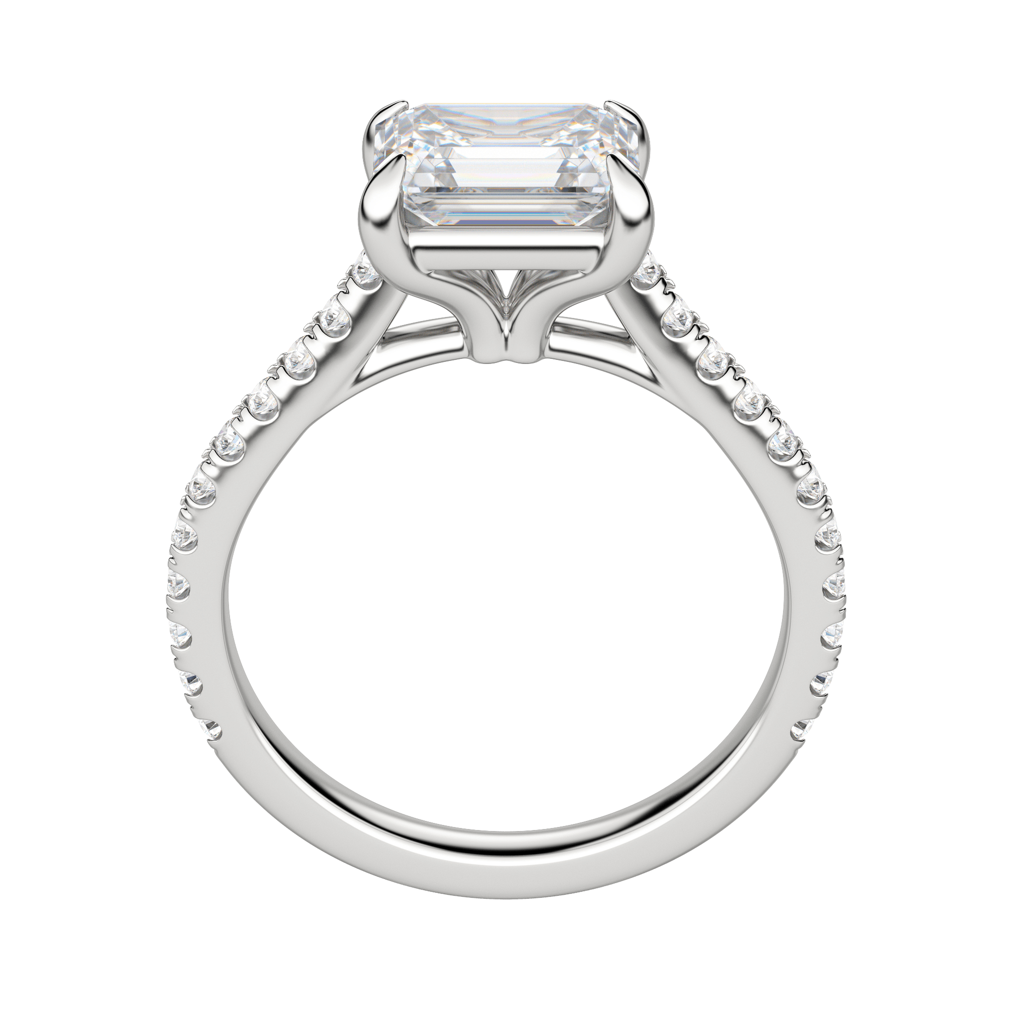 Edgy Accented Emerald Cut Engagement Ring, 18K White Gold, Hover, Platinum, 