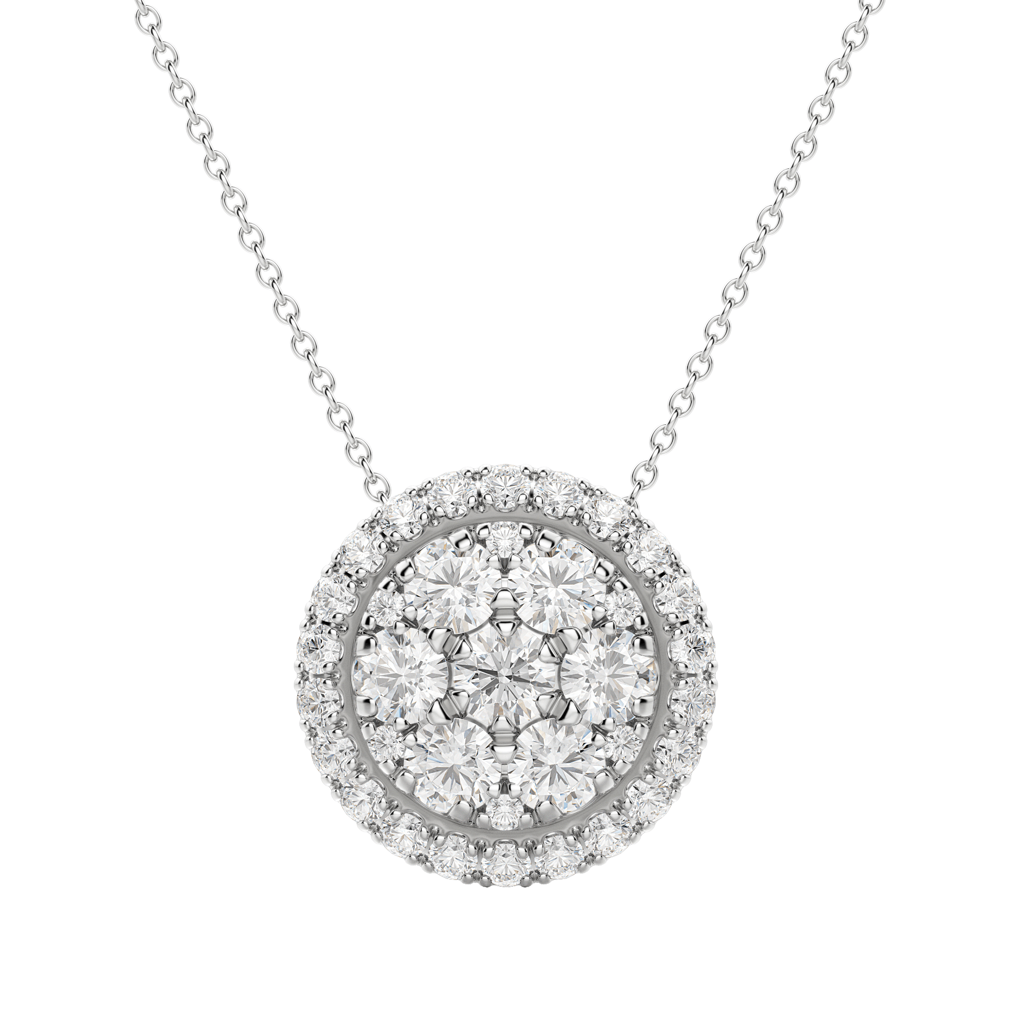 Cluster Halo Necklace, 14K White Gold, Default