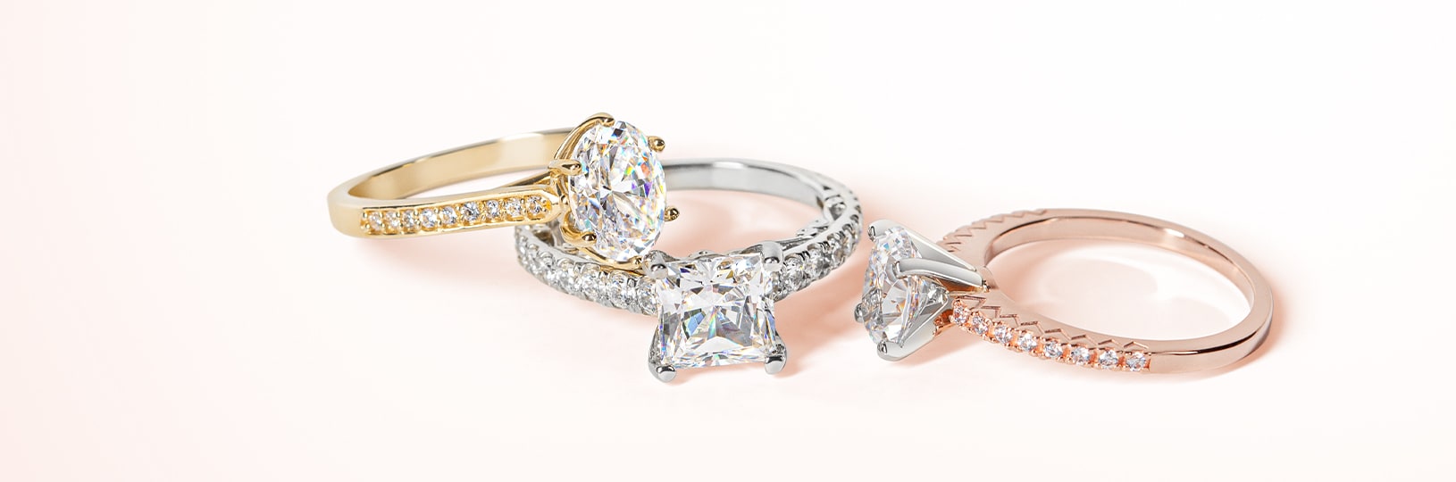 Yellow gold, white gold and rose gold engagement rings