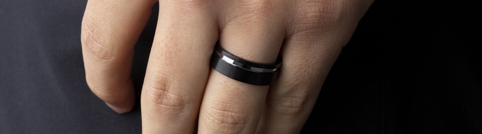 Obsidian Grooved Wedding Band, Silver Tungsten