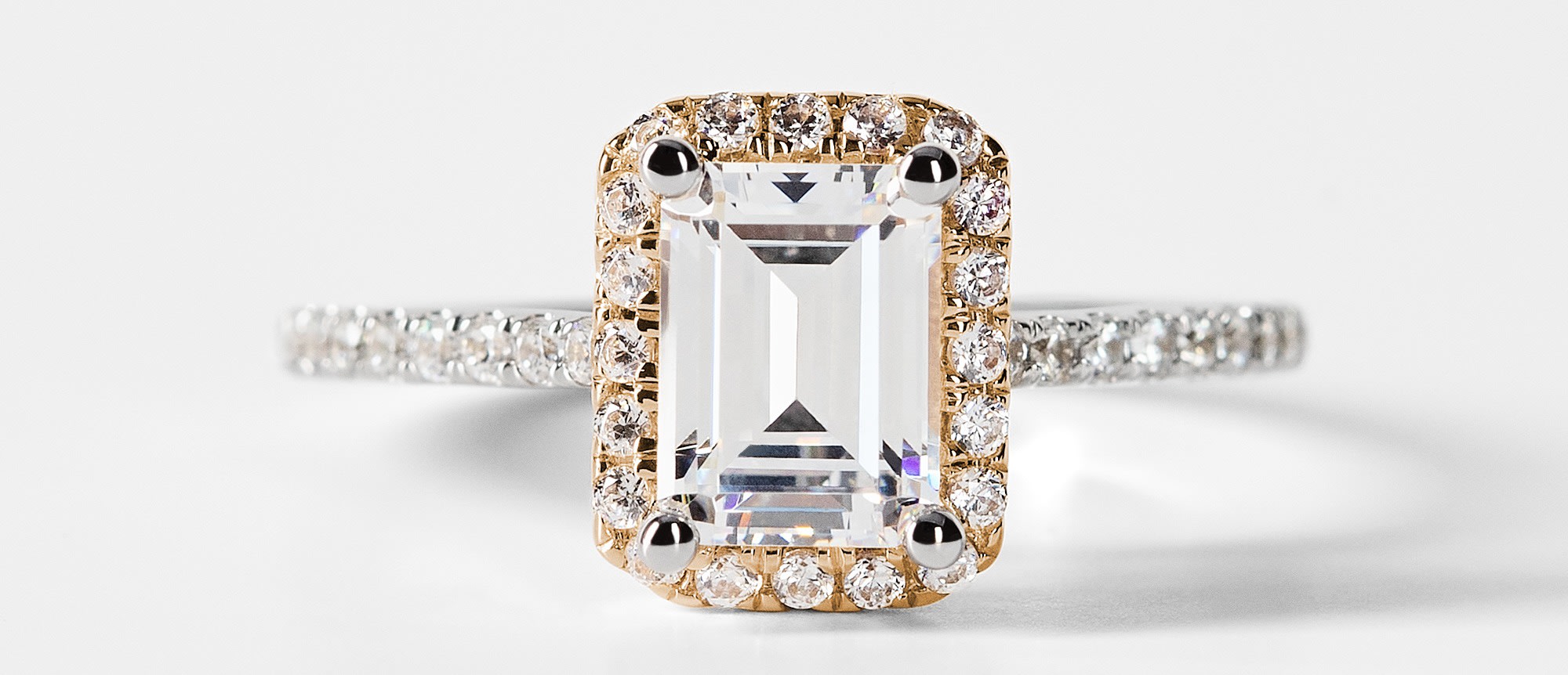 Helm Emerald Cut Engagement Ring in Two-Toned 18K White and Yellow Gold