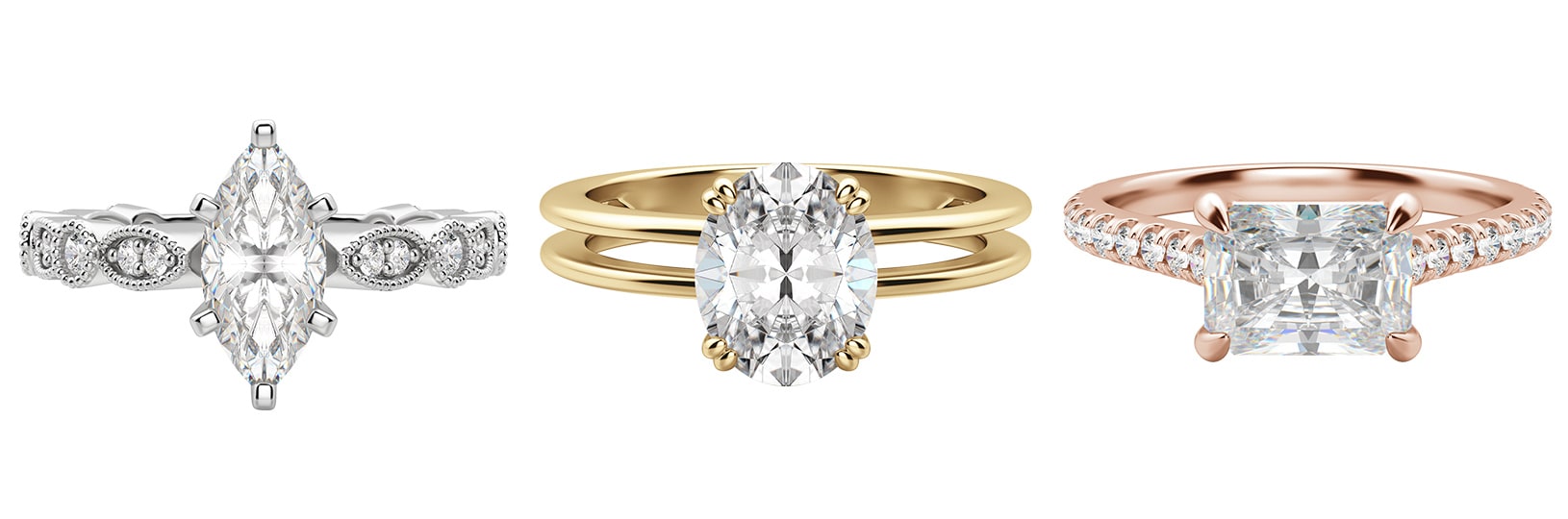 Three classic engagement ring styles featuring marquise, oval and emerald cut stones