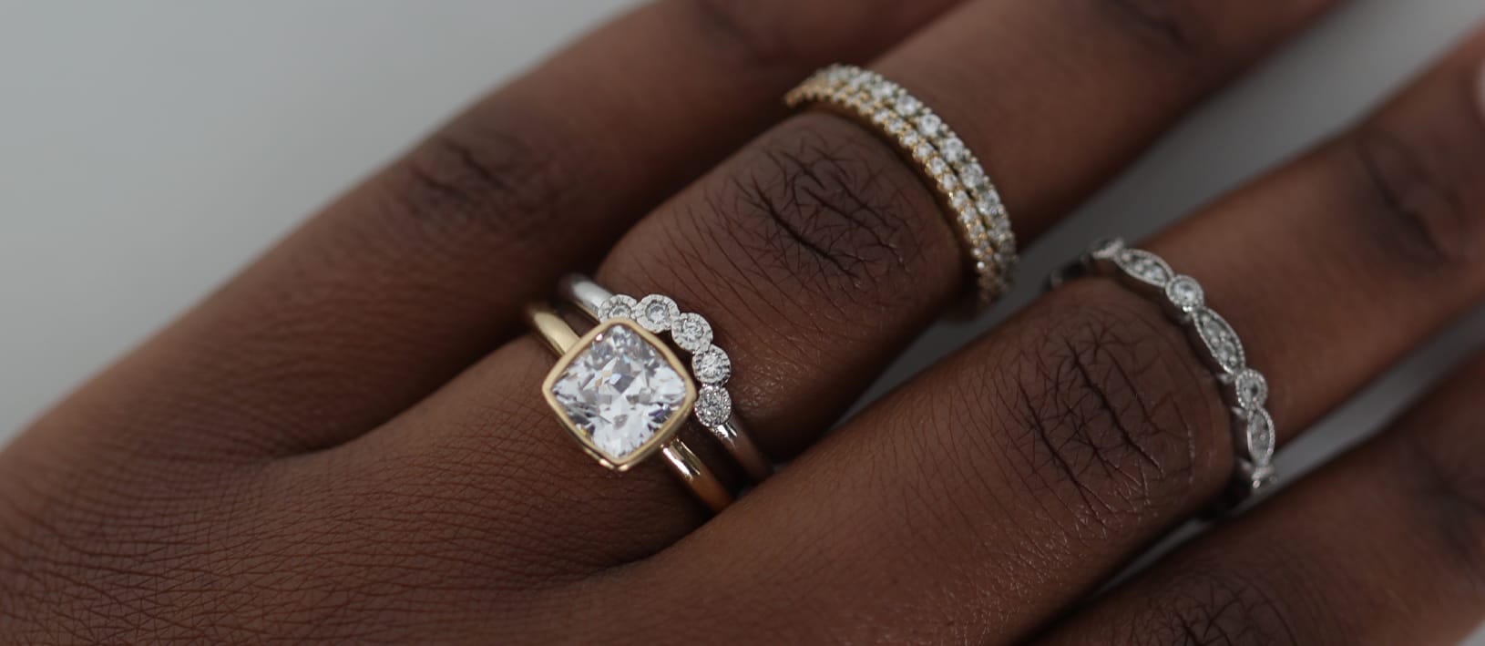 An engagement ring and wedding band