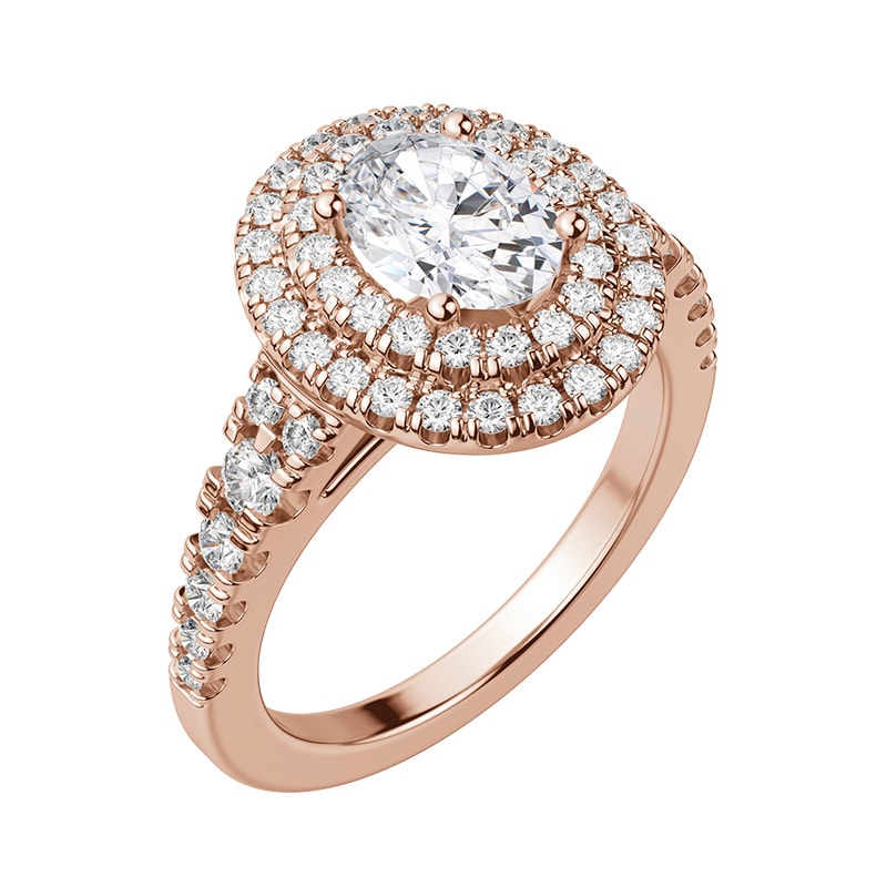 A rose gold halo engagement ring